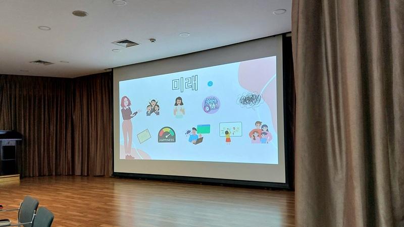 Potret layar proyektor yang menampilkan ikon-ikon representasi pertanyaan terkait topik pembicaraan dalam acara Ruang Bicara Bahasa Korea pada hari Senin (10/08/2026) di KCCI, Jakarta. 