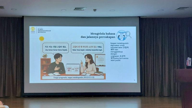 Potret layar proyektor yang menampakkan contoh penggunaan fungsi pragmatis negasi bahasa Korea dalam mengelola jalannya percakapan dalam Kuliah Umum Semantik dan Pragmatik Bahasa Korea: Memahami Ungkapan Negasi pada hari Jumat (14/08/2026) di KCCI, Jakarta. 