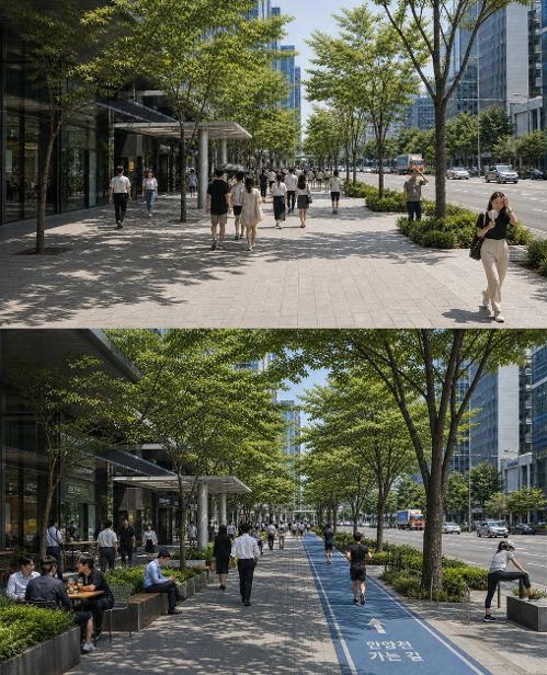 Potret kawasan Kompleks Digital Guro dan Gasan (G-Valley) (atas) serta ilustrasi setelah proyek percontohan 'hak berjalan kaki di tempat teduh' dilaksanakan (bawah). (Pemerintah Kota Seoul)  