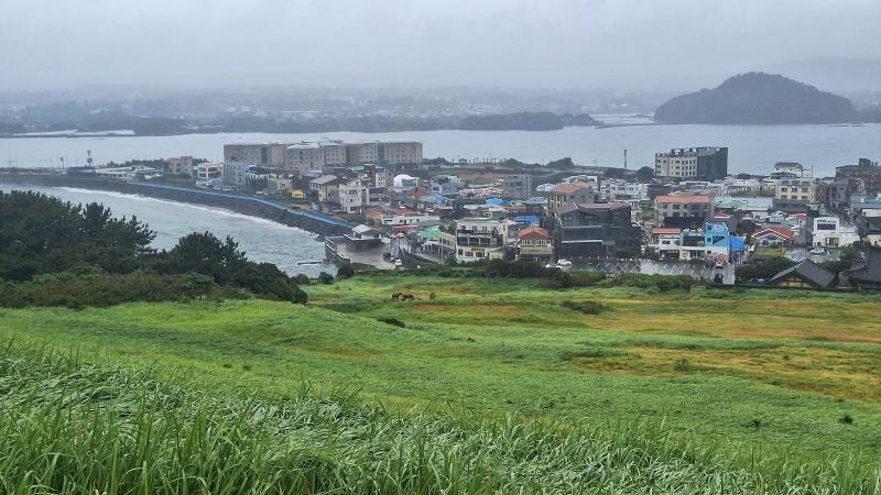 Pemandangan yang dapat dilihat saat turun dari puncak Seongsan Ilchulbong berupa padang rumput dan pemandangan kota di sekitarnya. Foto tersebut diambil pada 15 Agustus 2026. 