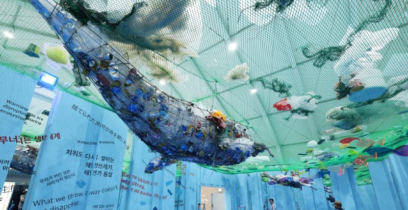 Suasana Paviliun Pulau Ekologi Laut yang diperkenalkan dalam acara Hari Pers di lokasi utama Pameran Pulau Dunia Yeosu 2026 di kawasan Jinmo, Yeosu, Jeonnam-Gwangju, pada tanggal 1 September 2026, empat hari menjelang pembukaan pameran. (Yonhap News)