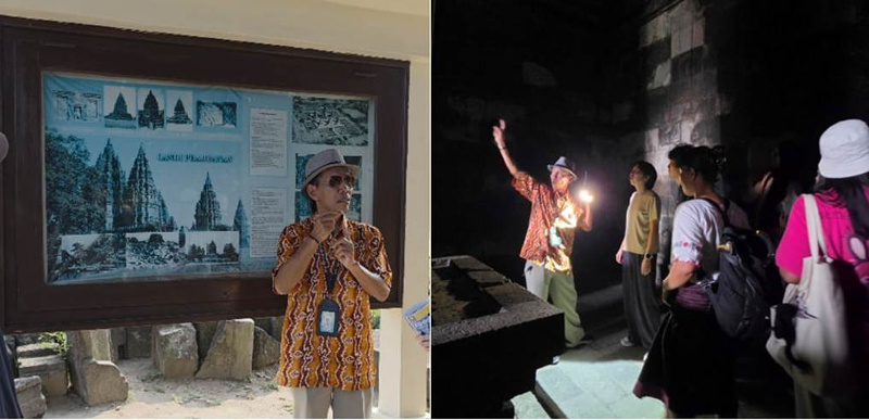 Anggota tim proyek menyimak penjelasan pemandu wisata di Candi Prambanan pada tanggal 23 Juni 2026 sebagai bagian dari proses memahami informasi untuk penyusunan brosur berbahasa Korea. 