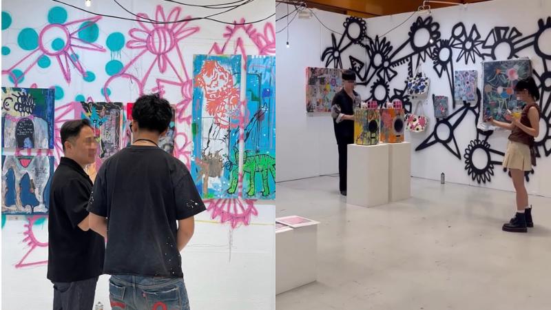 (Kiri) Ansel berdiskusi dengan seorang pemilik galeri di Urban Break & Toy Con Seoul 2026 pada tanggal 2 Agustus 2026. (Kanan) Suasana pengunjung Urban Break & Toy Con Seoul 2026 menikmati karya-karya di stan Ansel. 