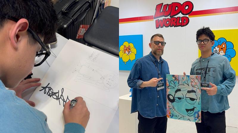 (Kiri) Ansel sedang menggambar di kertas untuk pengunjung. (Kanan) Ansel melukis bersama seniman Kanada, Antoine Tava, di Urban Break & Toy Con Seoul 2026 pada tanggal 1 Agustus 2026 di COEX, Seoul.  