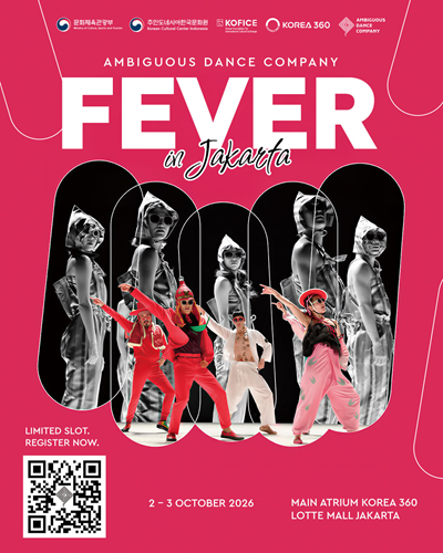 Poster resmi pertunjukan FEVER in Jakarta oleh Ambiguous Dance Company yang menjadi puncak rangkaian Touring K-Arts pada 2–3 Oktober 2026 di KOREA360, Jakarta. (KCCI) 