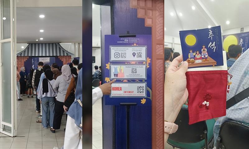 Peserta melakukan registrasi ulang (kiri), memindai kode batang dan mengikuti Instagram penyelenggara (tengah), kemudian menerima lucky pouch (kanan) pada tanggal 19 September 2026 di lantai 7 Graha Widya Mandala, Surabaya. 