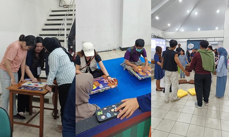 Permainan halma (permainan papan, kiri), susunan charyesang (meja hidangan untuk penghormatan leluhur, tengah), dan rebutan bantal duduk (kanan) pada tanggal 19 September 2026 di lantai 7 Graha Widya Mandala, Surabaya.