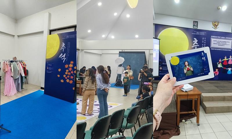 Area pemilihan hanbok (kiri), stan foto (tengah), dan hasil foto kenang-kenangan pada tanggal 19 September 2026 di lantai 7 Graha Widya Mandala, Surabaya. 