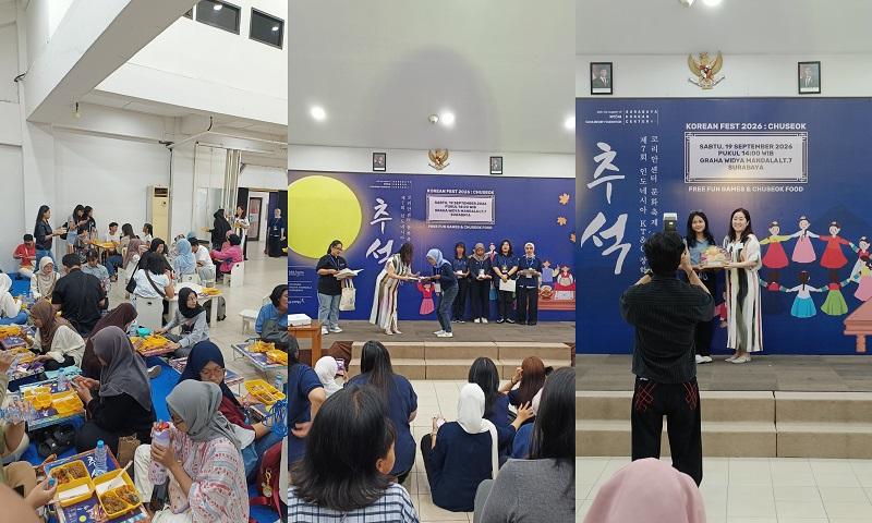 Suasana makan bersama (kiri), penyerahan penghargaan kepada relawan (tengah), dan pembagian hadiah undian (kanan) pada tanggal 19 September 2026 di lantai 7 Graha Widya Mandala, Surabaya.  