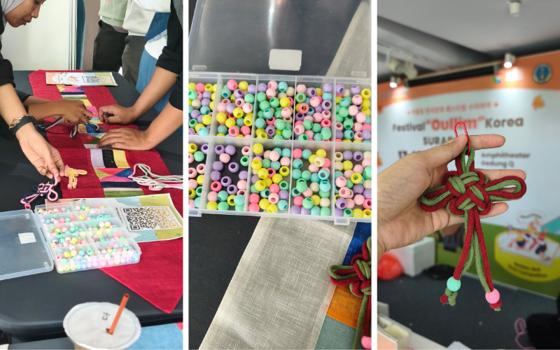 Potret pembuatan maedeup (kerajinan simpul tali Korea) di stan K-Craft Experience pada Festival Oullim Korea hari Sabtu (17/10/2026) di Universitas Kristen Petra, Surabaya. 