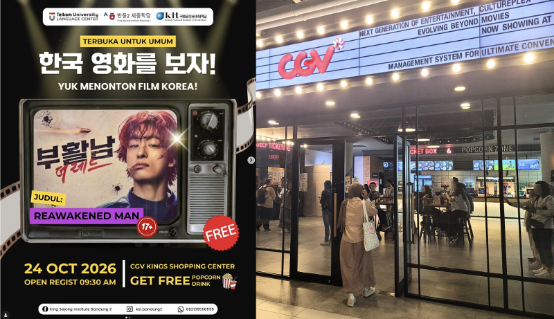 Kiri: Poster acara KSI Bandung untuk menonton film bersama. (KSI Bandung) Kanan: Pelajar KSI Bandung 2 masyarakat umum hadir untuk menyaksikan film Korea berjudul Reawakened Men: The Red pada hari Sabtu (24/10/2026) di CGV Kings Mall, Bandung. (Monthi Rosselini) 