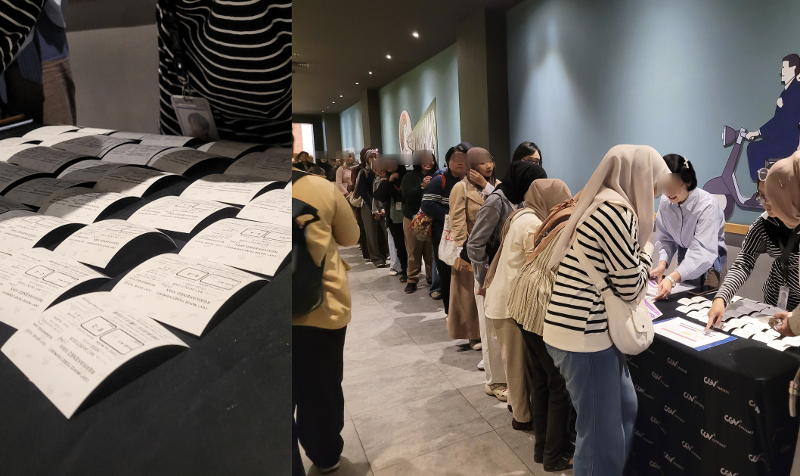 Kiri: Tiket bioskop yang telah disediakan KSI Bandung 2 untuk penonton yang hadir pada hari Sabtu (24/10/2026) di CGV Kings Mall, Bandung. Kanan: Proses registrasi dan penukaran tiket pada hari Sabtu (24/10/2026) di CGV Kings Mall, Bandung. (Monthi Rosselini) 