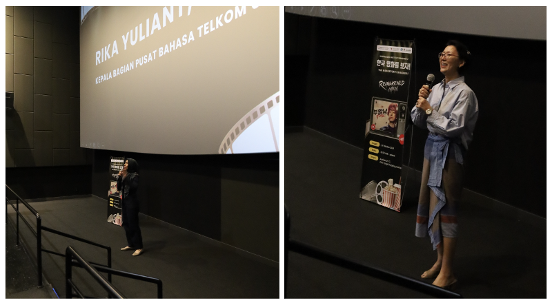 Sambutan dari Kepala Bagian Pusat Bahasa UniversitasTelkom, Rika Yuliant (kiri) dan guru KSI Bandung 2, Lee Hyewon (kanan), pada hari Sabtu (24/10/2026) di CGV Kings Mall, Bandung. (KSI Bandung 2)