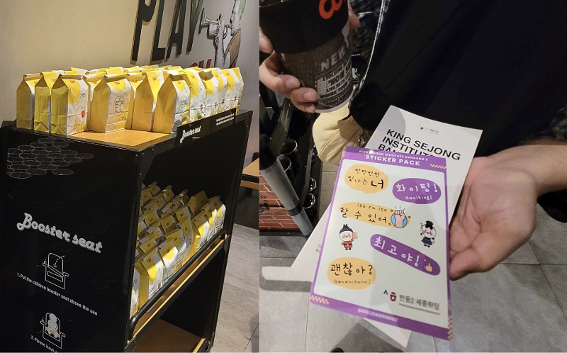 Penonton yang hadir di CGV Kings Mall, Bandung pada hari Sabtu (24/10/2026) juga mendapatkan makanan dan minuman ringan (kiri) dan suvenir stiker (kanan). (Monthi Rosselini) 